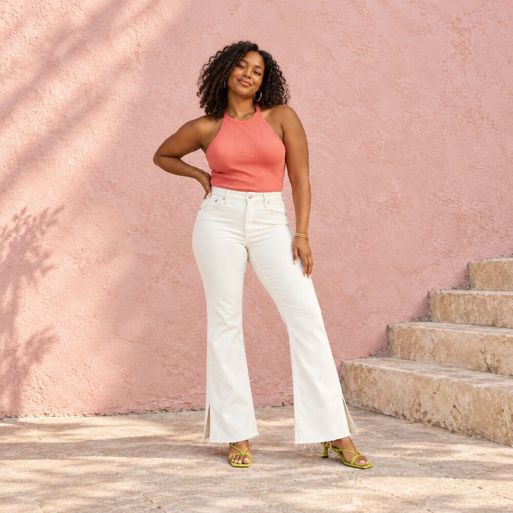 Madewell Jeans WMNS 32 Cream Kick Out Full Length Mid Rise Stretch Coastal Prep